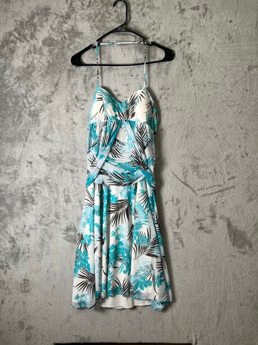 Tropical Resort Halter Dress Ruched A-Line Island Vacation Beach Coastal Chic S